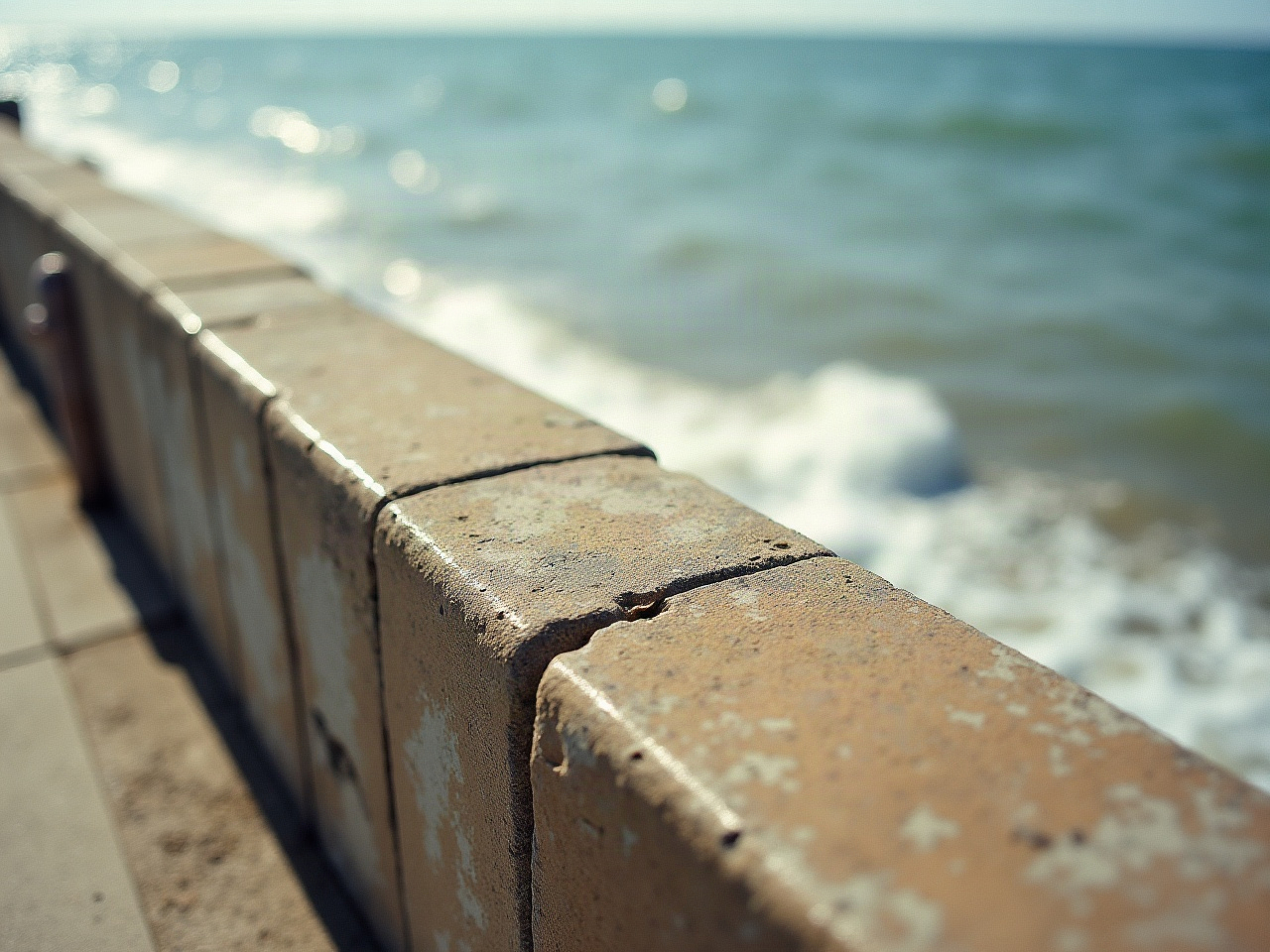 Board-marked concrete of a seafront balustrade in raking coastal light, ocean out of focus beyond