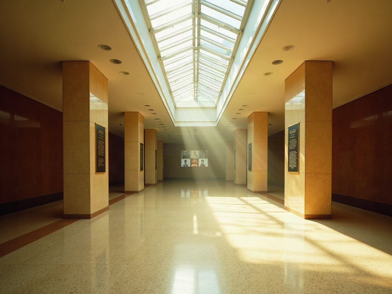 Terrazzo floor and geometric skylight inside an empty mid-century hotel lobby atrium at mid-morning