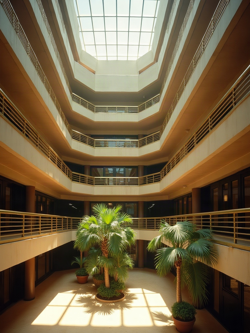 Tiered balconies of an empty hotel atrium rising around a skylit void, palms on the stone floor below