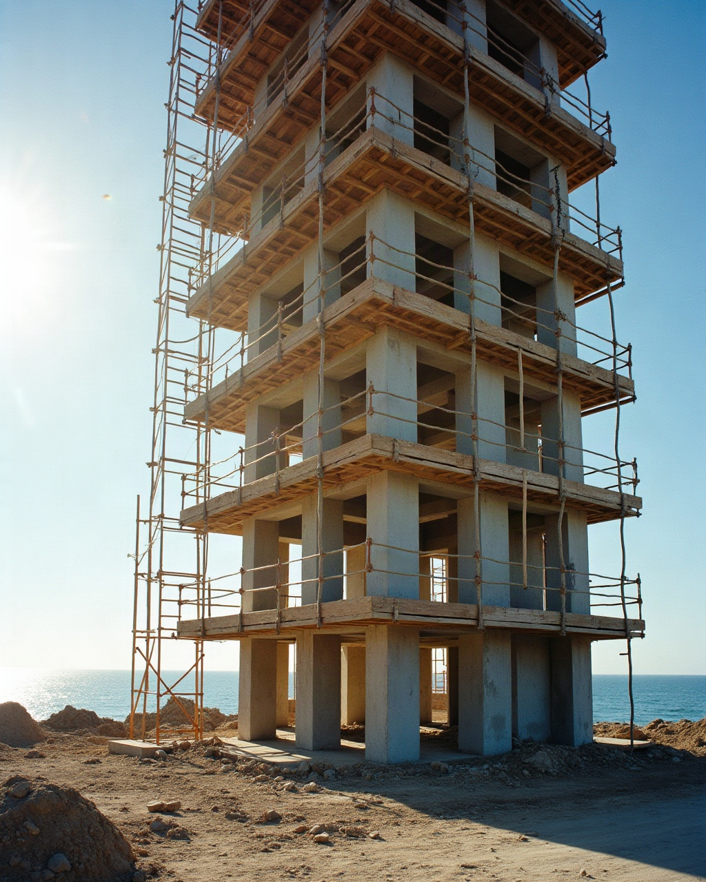 Scaffolding and timber formwork against an unfinished concrete tower under a bright coastal sky.