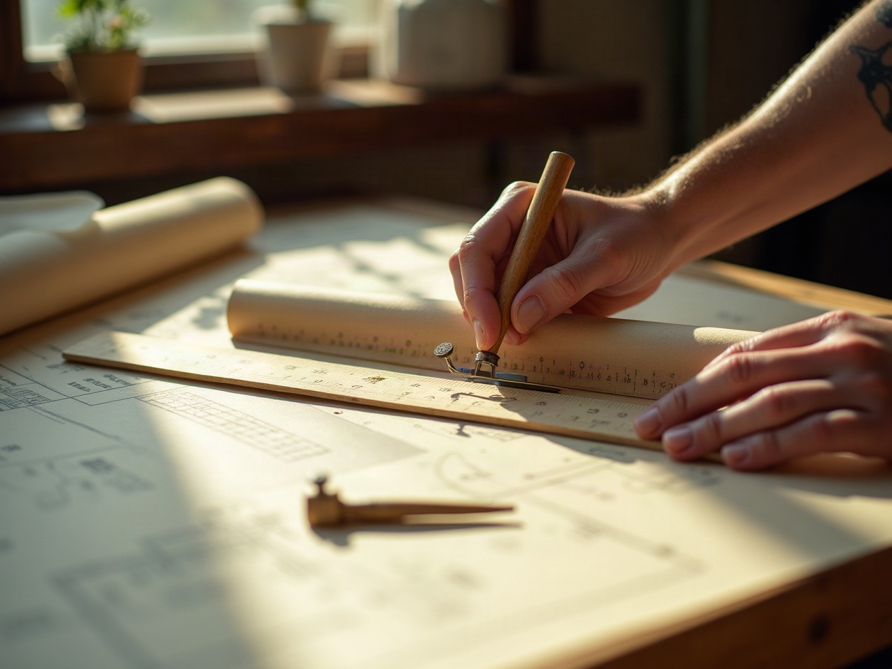 A hand positioning a wooden scale ruler and brass compass over rolled architectural drafting paper, soft-focus in indirect daylight.